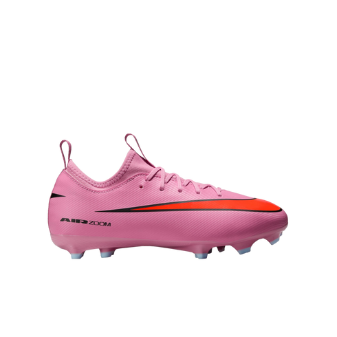 Side view of a pink Nike soccer cleat featuring a red swoosh and black "AIR ZOOM" text, set against a black background.