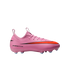 Side view of a pink Nike soccer cleat featuring a red swoosh and black "AIR ZOOM" text, set against a black background.