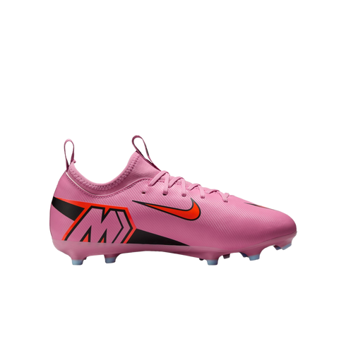 A side view of a pink Nike Mercurial soccer cleat with orange and black accents against a solid black background.