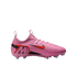 A side view of a pink Nike Mercurial soccer cleat with orange and black accents against a solid black background.