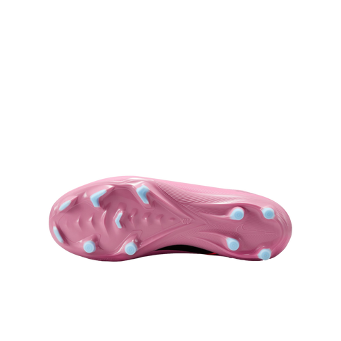 Sole view of a pink soccer cleat with light blue studs and textured details, set against a solid black background.