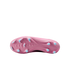 Sole view of a pink soccer cleat with light blue studs and textured details, set against a solid black background.