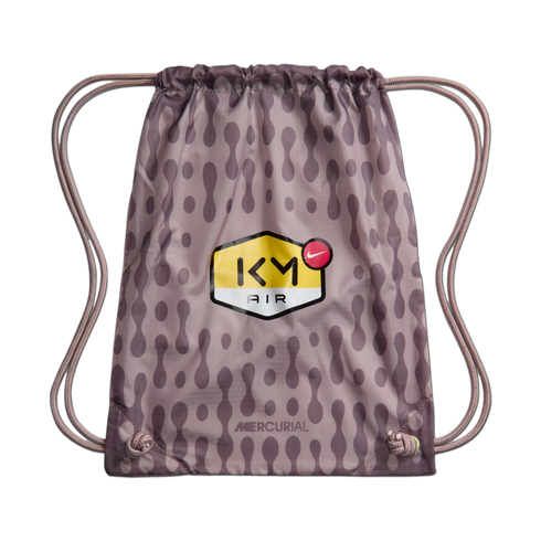 Purple drawstring bag with an abstract dot pattern, a yellow hexagonal "KM AIR" logo in the center, and "MERCURIAL" text near the bottom.
