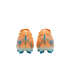 Rear view of two orange Nike Mercurial soccer cleats featuring blue vertical text and "KM" logos on the heels against a black background.