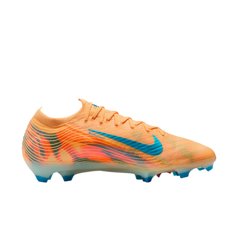 Side profile of a vibrant orange Nike soccer cleat with a marbled pink pattern, featuring a bright blue swoosh and blue studs, set against a solid black background.