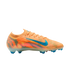 Side profile of a vibrant orange Nike soccer cleat with a marbled pink pattern, featuring a bright blue swoosh and blue studs, set against a solid black background.