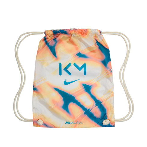 Nike Mercurial drawstring bag with a colorful orange and blue abstract print, featuring a blue KM logo and Nike swoosh.