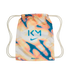 Nike Mercurial drawstring bag with a colorful orange and blue abstract print, featuring a blue KM logo and Nike swoosh.