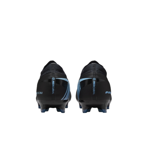 Rear view of black Nike Mercurial soccer cleats with light blue accents against a black background.