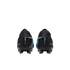 Rear view of black Nike Mercurial soccer cleats with light blue accents against a black background.