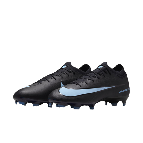 A pair of black Nike Air Zoom Mercurial Vapor soccer cleats with a light blue swoosh and accents, set against a black background.