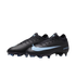 A pair of black Nike Air Zoom Mercurial Vapor soccer cleats with a light blue swoosh and accents, set against a black background.