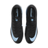 Top-down view of a pair of black Nike Mercurial soccer cleats featuring light blue accents and large swooshes on the toes, set against a black background.