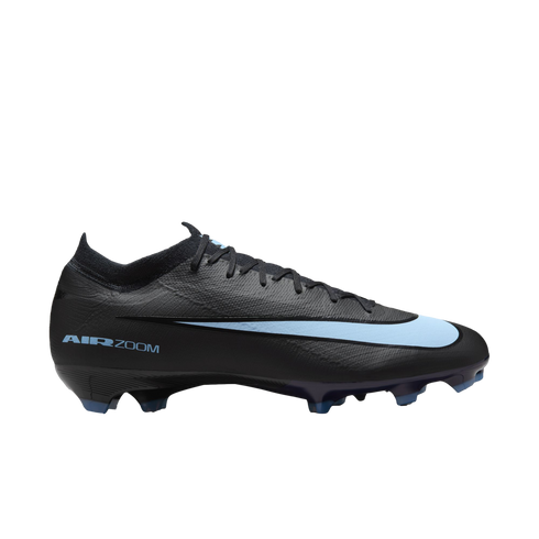 Side profile of a black Nike Mercurial soccer cleat with a light blue swoosh and "AIR ZOOM" branding on a black background.