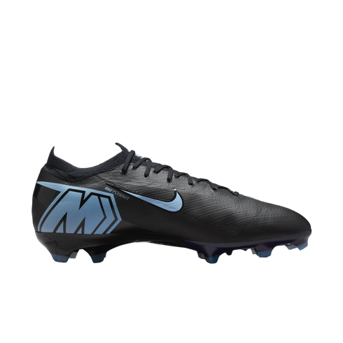 Black Nike Mercurial soccer cleat with light blue accents and branding, shown in side profile against a black background.