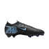 Black Nike Mercurial soccer cleat with light blue accents and branding, shown in side profile against a black background.