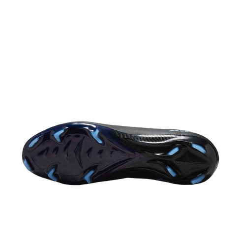 Bottom view of a black soccer cleat soleplate with light blue bladed studs, set against a black background.