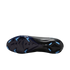 Bottom view of a black soccer cleat soleplate with light blue bladed studs, set against a black background.