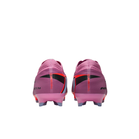 Rear view of a pair of purple Nike Mercurial Air Zoom soccer cleats on a solid black background.