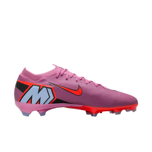 A purple Nike Mercurial soccer cleat with bright orange accents and a large light blue "M" logo on the heel.