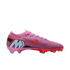 A purple Nike Mercurial soccer cleat with bright orange accents and a large light blue "M" logo on the heel.