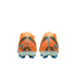 Rear view of two orange Nike Mercurial soccer cleats with blue details and "KM" branding, on a solid black background.
