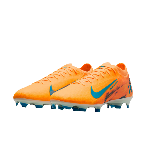 Bright orange Nike Air Zoom soccer cleats with blue swooshes and accents, set against a solid black background.