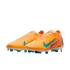 Bright orange Nike Air Zoom soccer cleats with blue swooshes and accents, set against a solid black background.