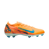 A Nike Mercurial Air Zoom KM soccer cleat in bright orange with blue accents and "KM" branding on the heel, shown in profile against a solid black background.