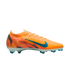 A bright orange Nike Flyknit soccer cleat featuring a teal blue swoosh and accents against a black background.