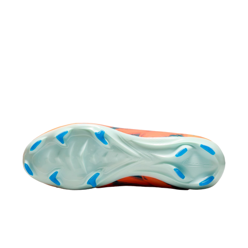 Bottom view of a Nike soccer cleat with a pale green soleplate and eleven blue bladed studs, showing a glimpse of the orange upper.