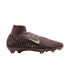 Side view of a maroon Nike high-top soccer cleat with a lime green Swoosh and golden textured heel patterns against a black background.
