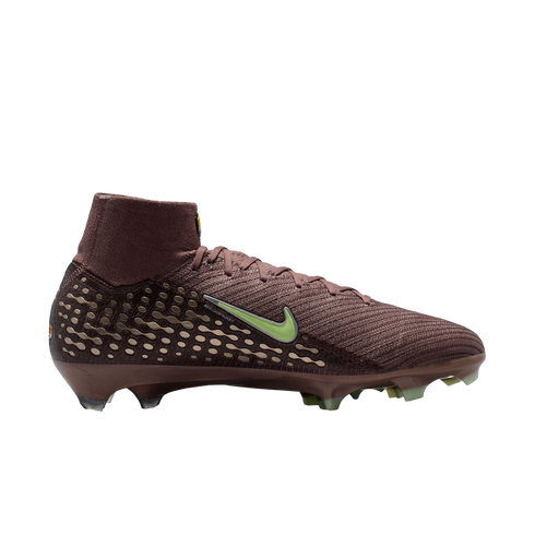 Side view of a maroon Nike soccer cleat with a lime green swoosh and textured high-top collar against a solid black background.