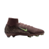 Side view of a maroon Nike soccer cleat with a lime green swoosh and textured high-top collar against a solid black background.