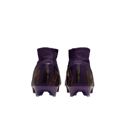 Back view of two purple Nike Mercurial soccer cleats with high-top sock collars and gold branding on a white background.