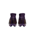Back view of two purple Nike Mercurial soccer cleats with high-top sock collars and gold branding on a white background.