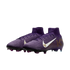 Pair of purple Nike soccer cleats with high collars, a white swoosh with gold accents, and gold KM branding on the heel.