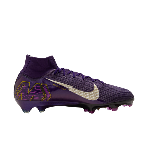 A purple Nike soccer cleat with a high-top ankle collar, a gold-patterned white swoosh, and the name "MBAPPÉ" on the heel.