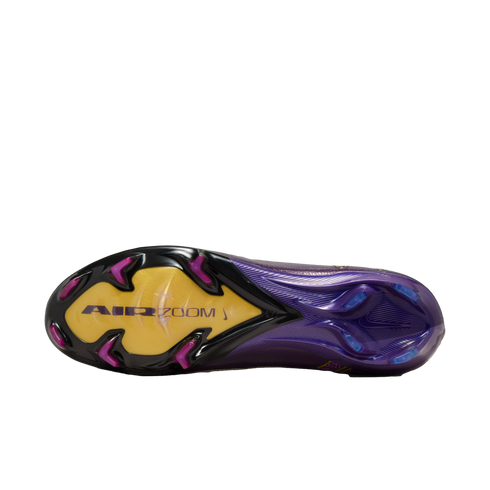 Underside of a purple Nike Air Zoom Mercurial soccer boot showing the black and yellow soleplate with multi-colored studs.