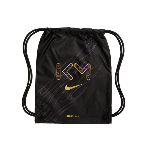 A black Nike Mercurial drawstring bag with a gold and purple patterned "KM" logo and a gold Nike swoosh on the front.