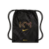 A black Nike Mercurial drawstring bag with a gold and purple patterned "KM" logo and a gold Nike swoosh on the front.