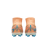 Back view of two orange Nike Mercurial soccer cleats with blue "KM" logos and colorful striped heels against a black background.