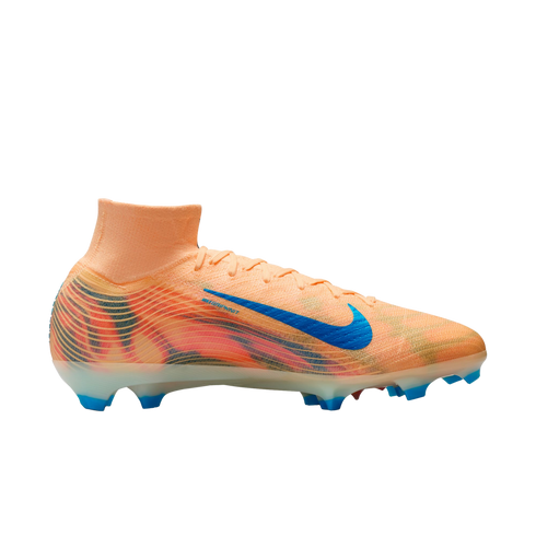A light orange Nike soccer cleat with a blue swoosh and vibrant red and blue wavy graphics on the side. It features a high-top sock-like collar and blue studs.