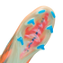 Close-up of a Nike soccer cleat's translucent sole plate with blue studs, featuring a red graphic and "AIR ZOOM" text visible underneath.