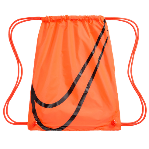 A bright neon orange Nike drawstring bag with a large black swoosh logo on the front and matching orange cord straps, set against a solid black background.