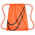 A bright neon orange Nike drawstring bag with a large black swoosh logo on the front and matching orange cord straps, set against a solid black background.