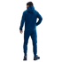Back view of a person wearing a teal hoodie and matching sweatpants with blue sneakers, against a solid black background.