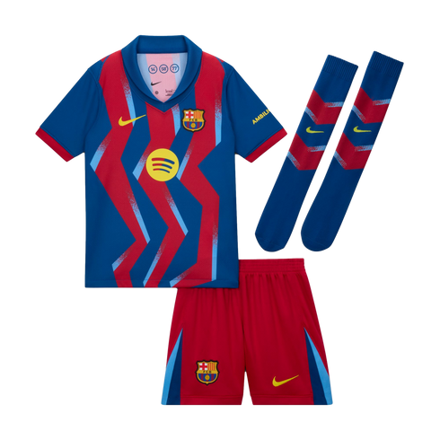 FC Barcelona football kit featuring a blue zig-zag jersey, red shorts, and blue socks with Nike and team branding on a solid black background.