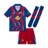 FC Barcelona football kit featuring a blue zig-zag jersey, red shorts, and blue socks with Nike and team branding on a solid black background.