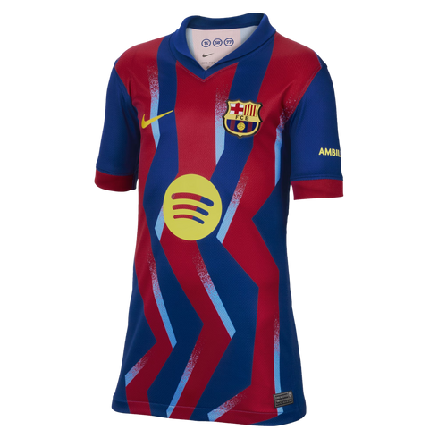 FC Barcelona home jersey with red and blue zig-zag stripes, yellow Nike swoosh, team crest, and a large yellow circular Spotify logo in the center.